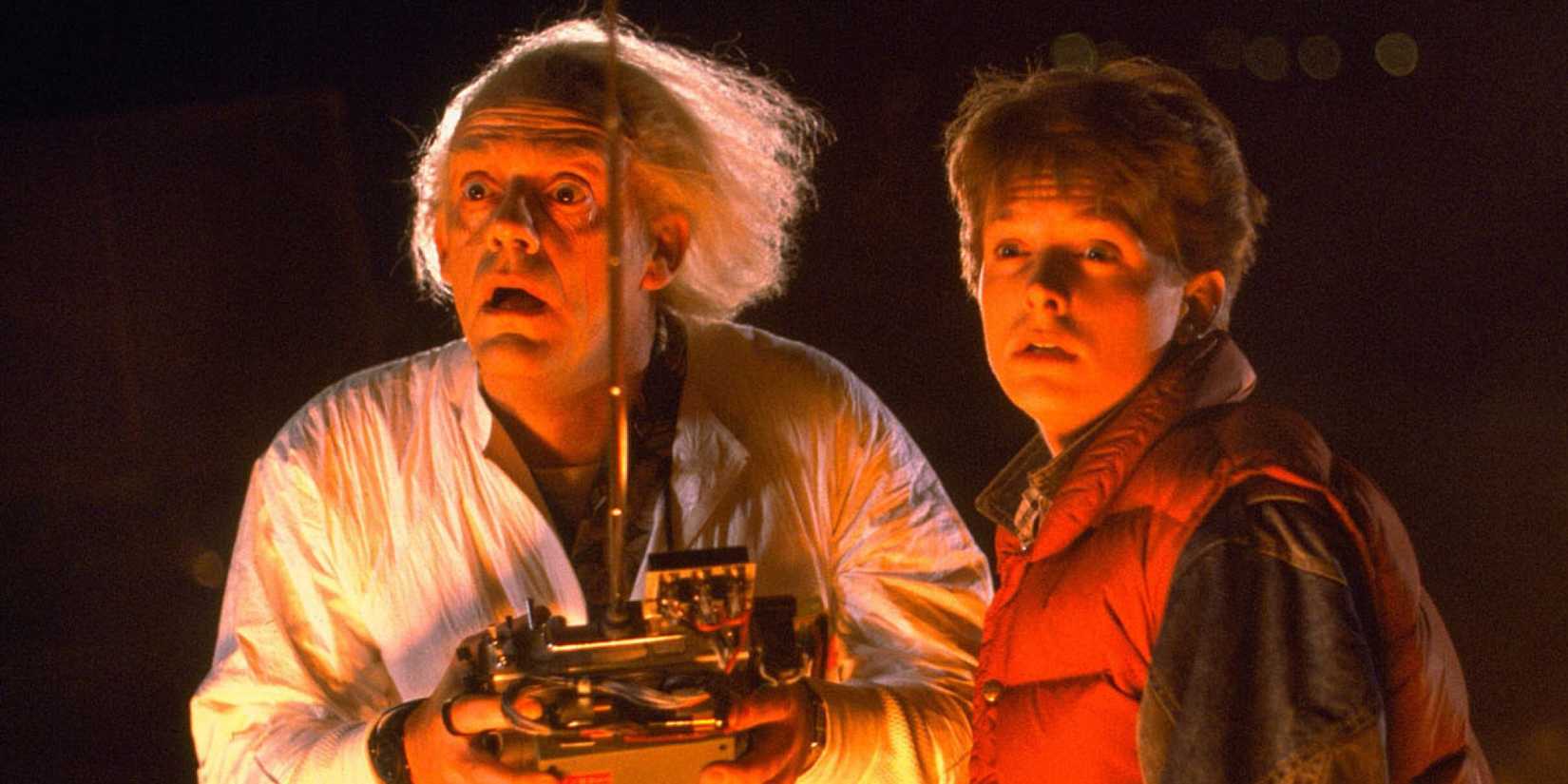 Doc Brown and Marty McFly looking shocking in Back to the Future