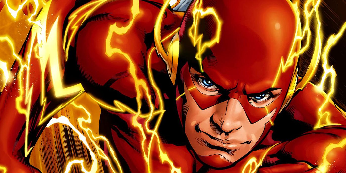 Close de Barry Allen fantasiado de Flash dos quadrinhos