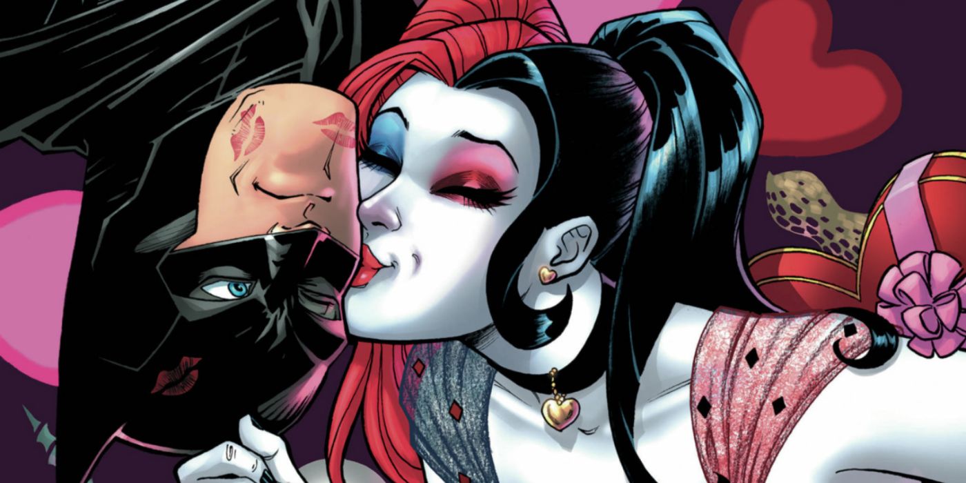 Harley Quinn kissing Batman on the cheek in cover art for DC comic