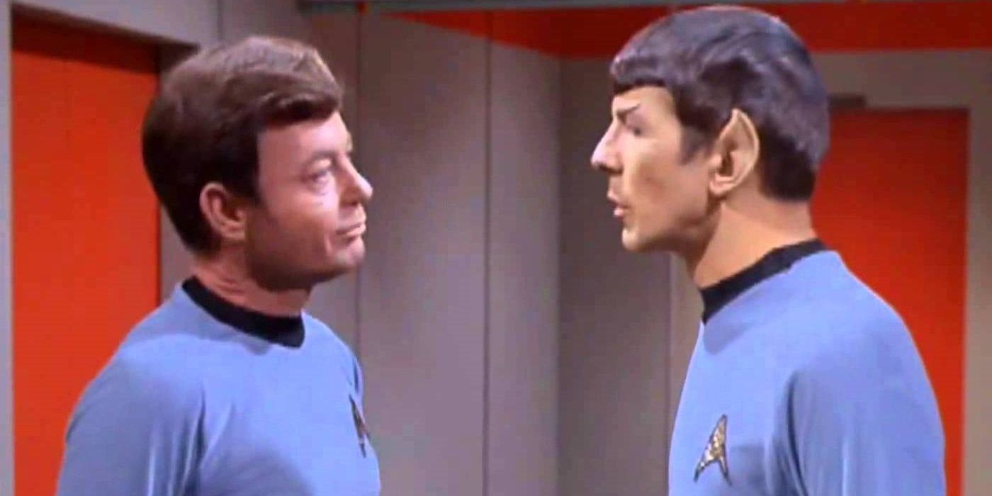 DeForest Kelley as Dr. Leonard &quot;Bones&quot; McCoy and Leonard Nimoy as Spock on Star Trek.