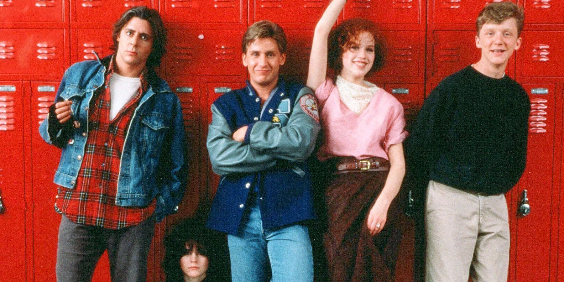 The cast leaning against lockers in Breakfast Club