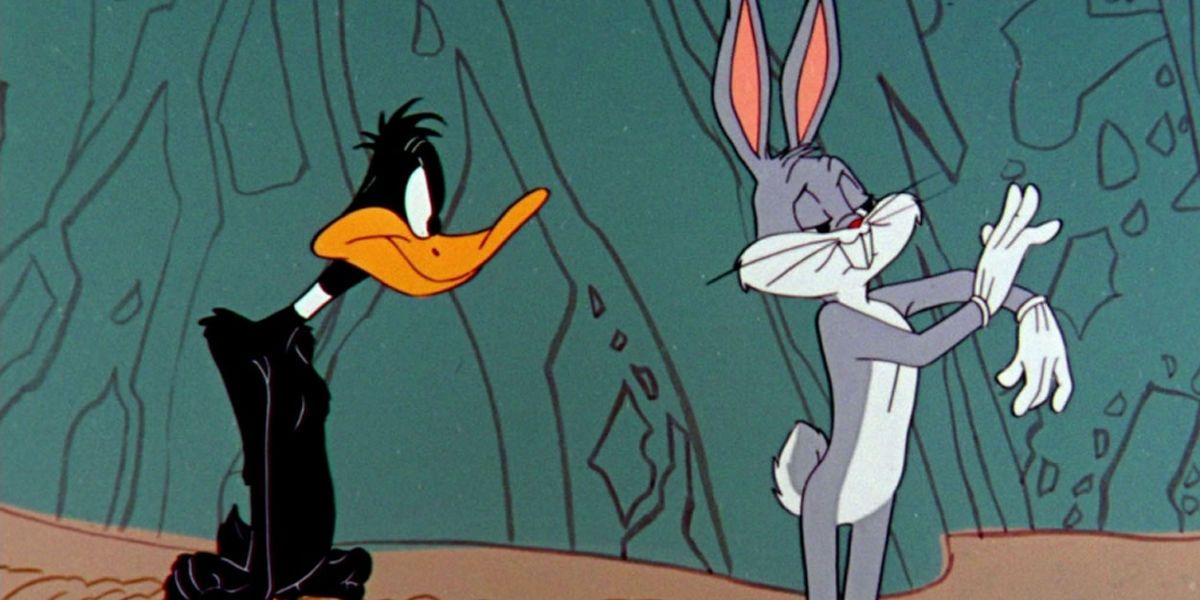 Daffy Duck looking angry at Bugs Bunny in Looney Tunes