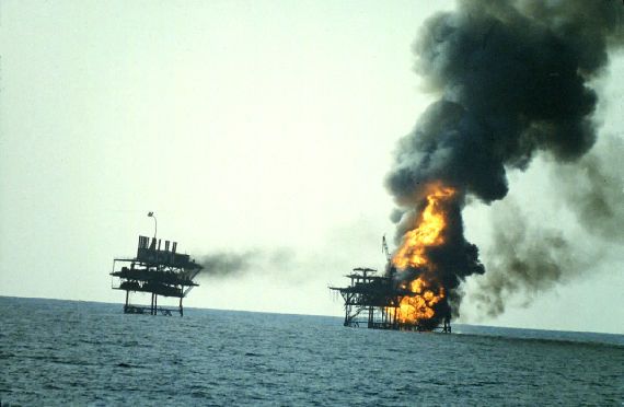 burning oil platforms