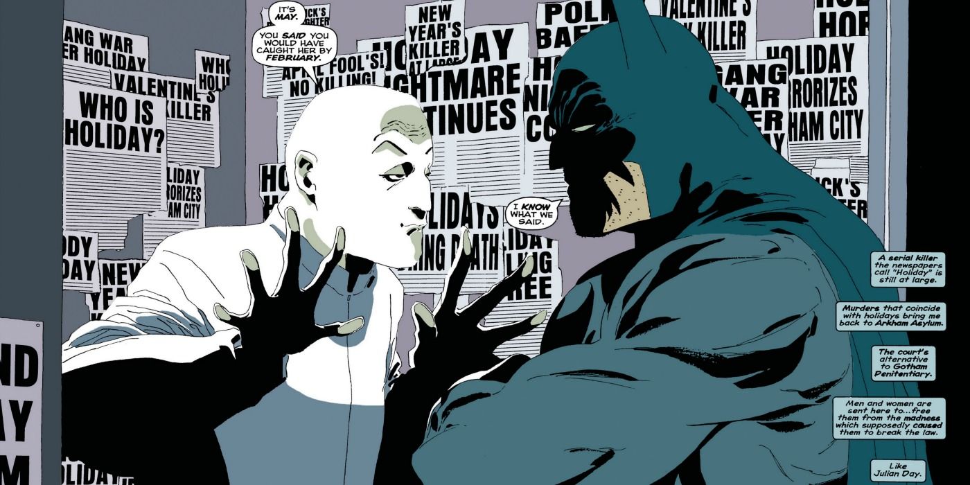 Calendar Man sendo entrevistado por Batman através de sua cela em The Long Halloween.