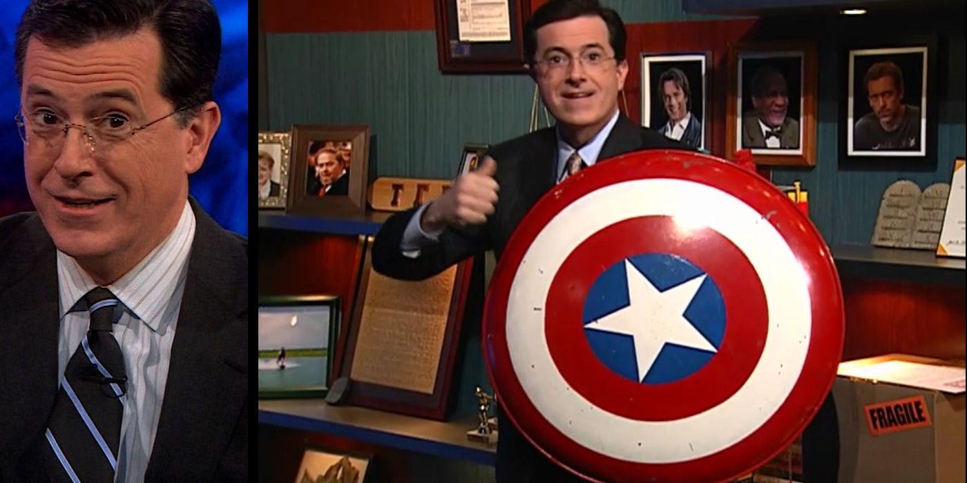 Stephen Colbert with Captain America's Shield