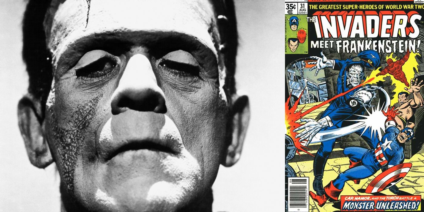 Split image of Boris Karloff Frankenstein and cover of Invaders 31