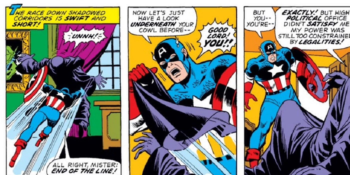 Captain America unmasks the leader of the Secret Empire in Marvel Comics.