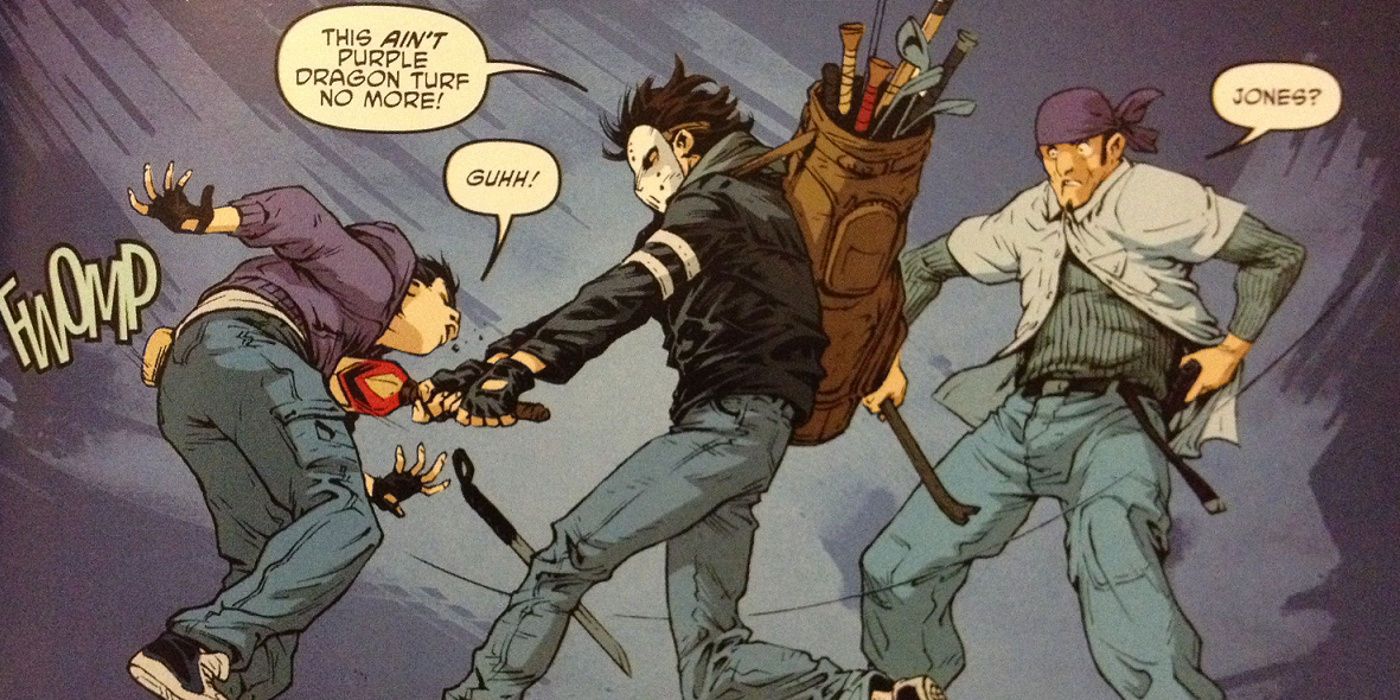 Casey Jones fighting the Purple Dragon gang in the TMNT comics