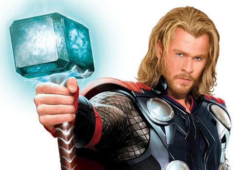 Chris Hemsworth as Thor in costume with Mjolnir Hammer