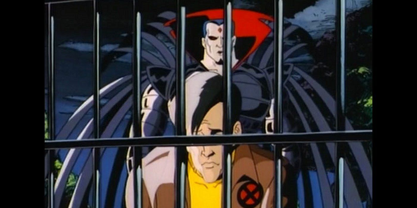 Morph olhando para baixo na escuridão com o Senhor Sinistro parado atrás dele em X-Men The Animated Series