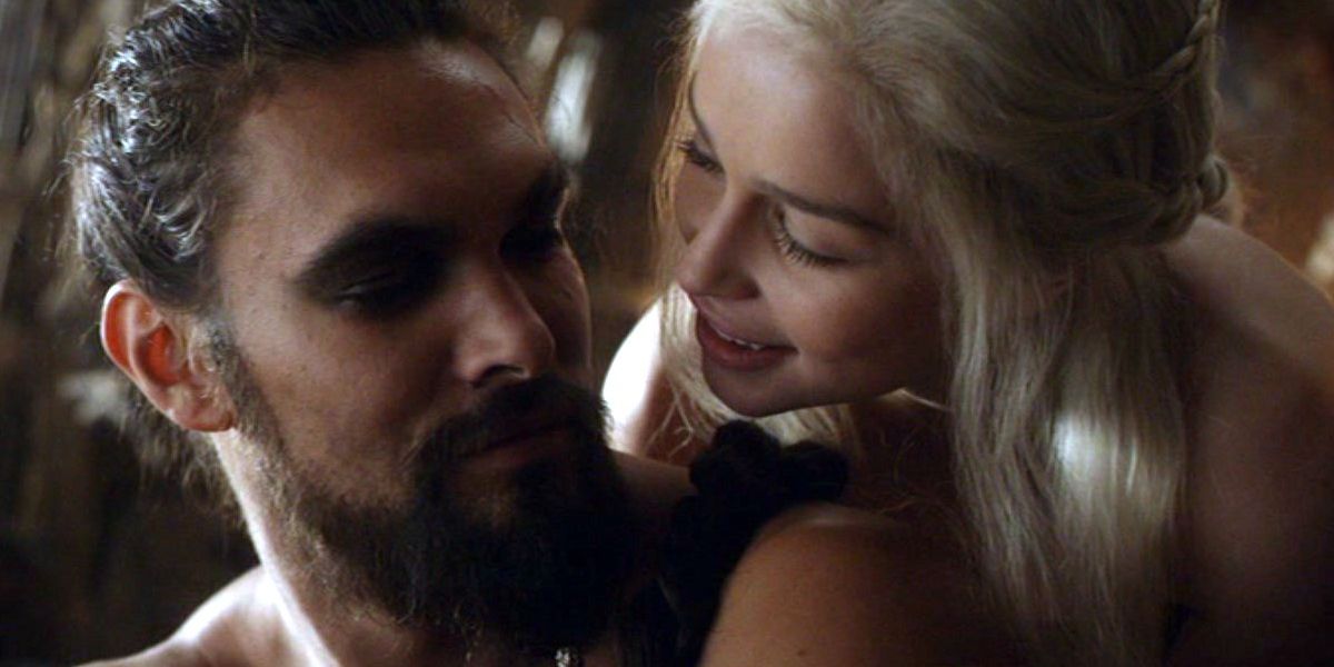 Daenerys talking to Khal Drogo in Game of Thrones.