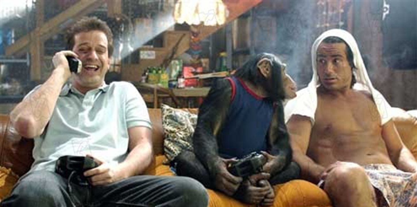 Two friends and a monkey in a basement in Grandmas Boy