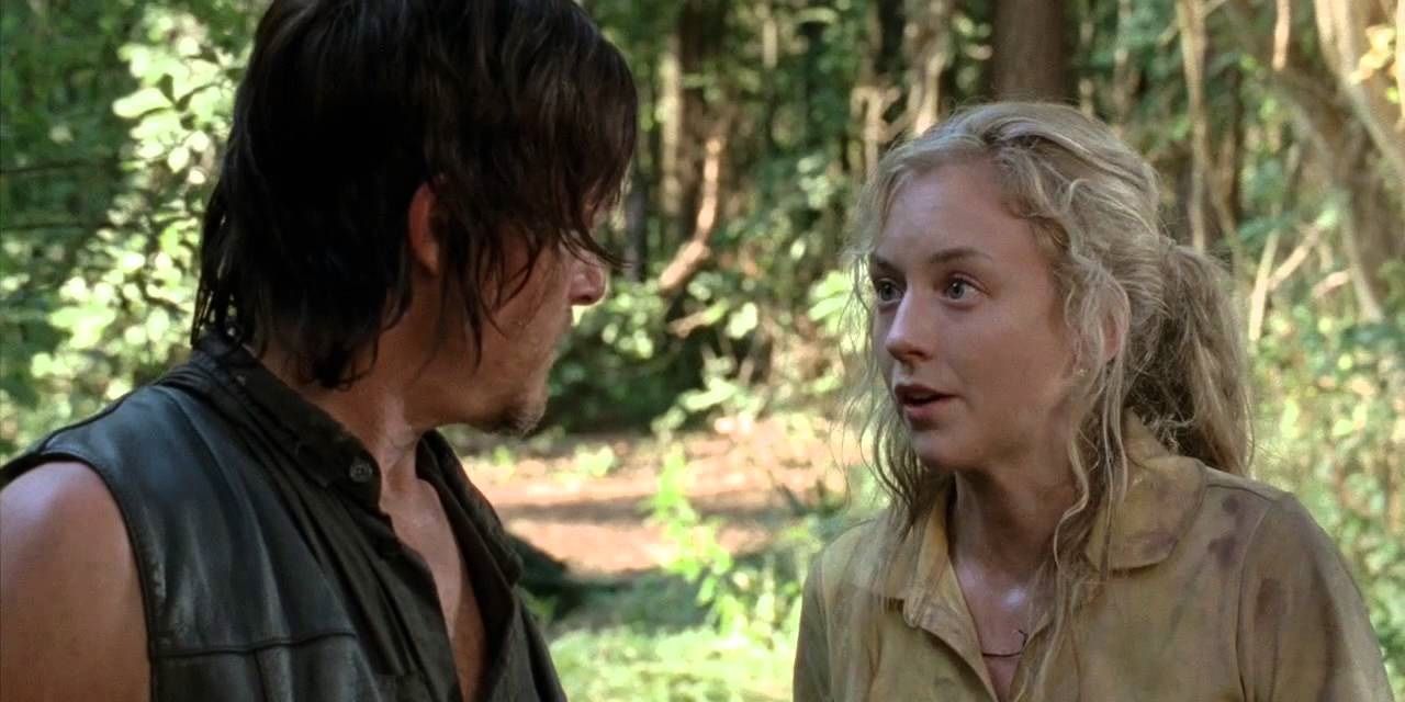 Daryl and Beth talking to each other outside in The Walking Dead.