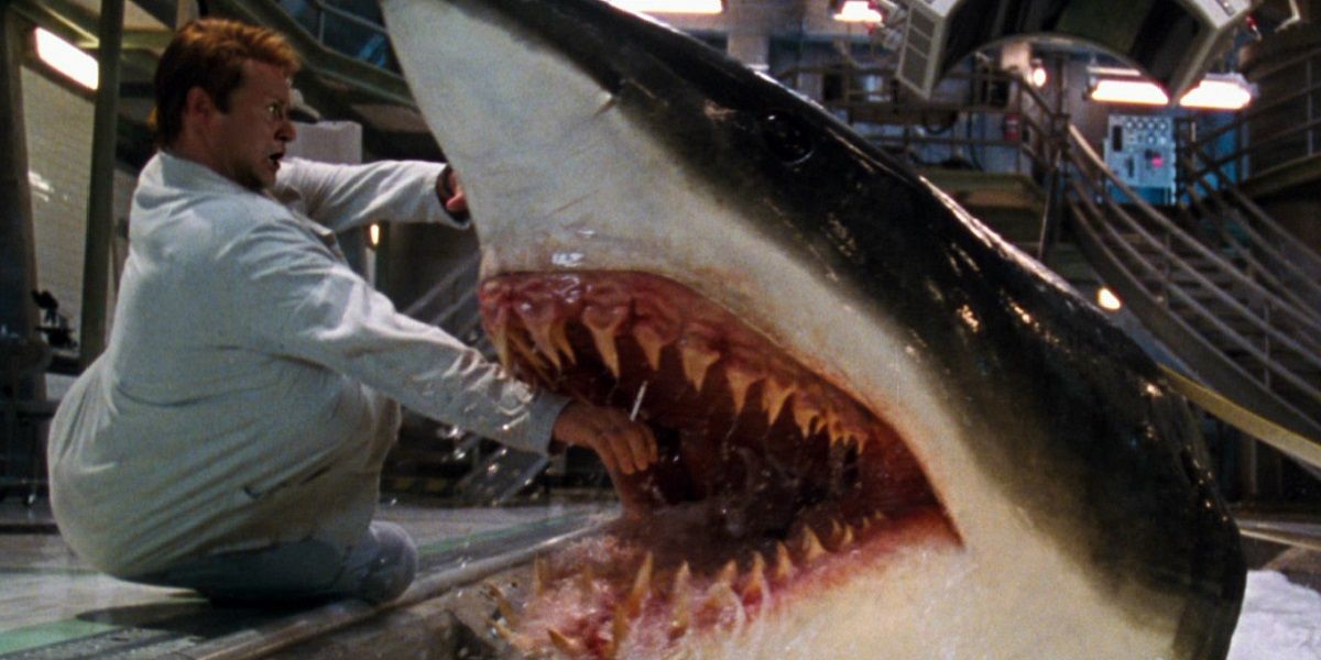 A shark attacks a scientist in Deep Blue Sea