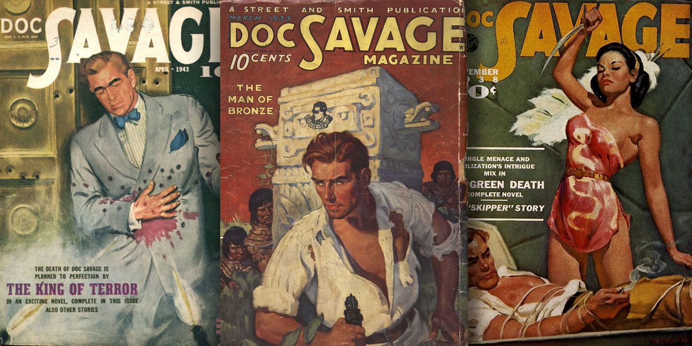 Várias revistas pulp Doc Savage e suas capas