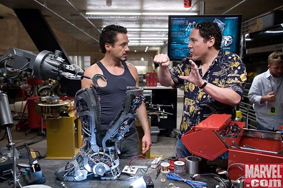Robert Downey Jr and Jon Favrau on the set of Iron Man