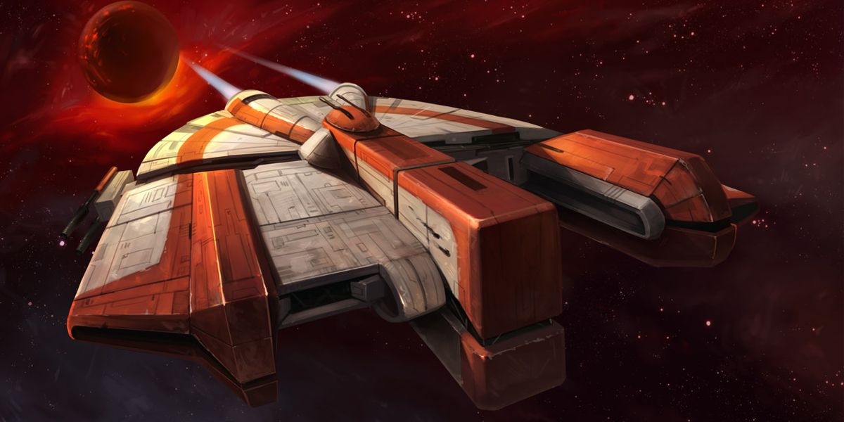 The Ebon Hawk flies through space in Star Wars art.