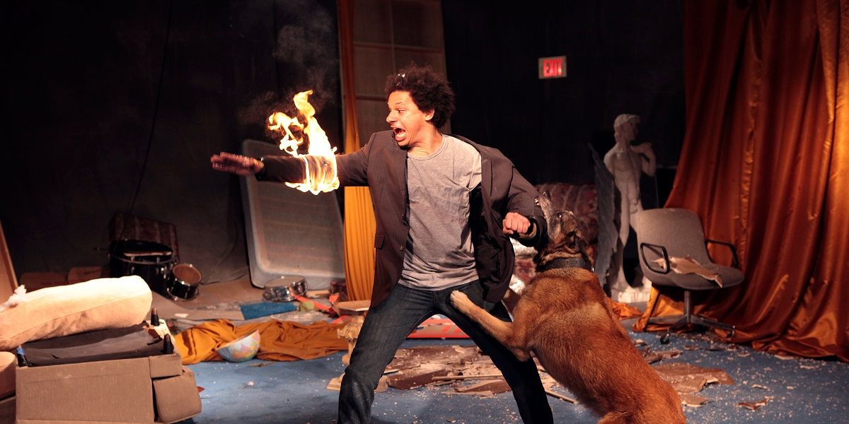 Eric Andre on his show being attacked by a dog while his arm is on fire.