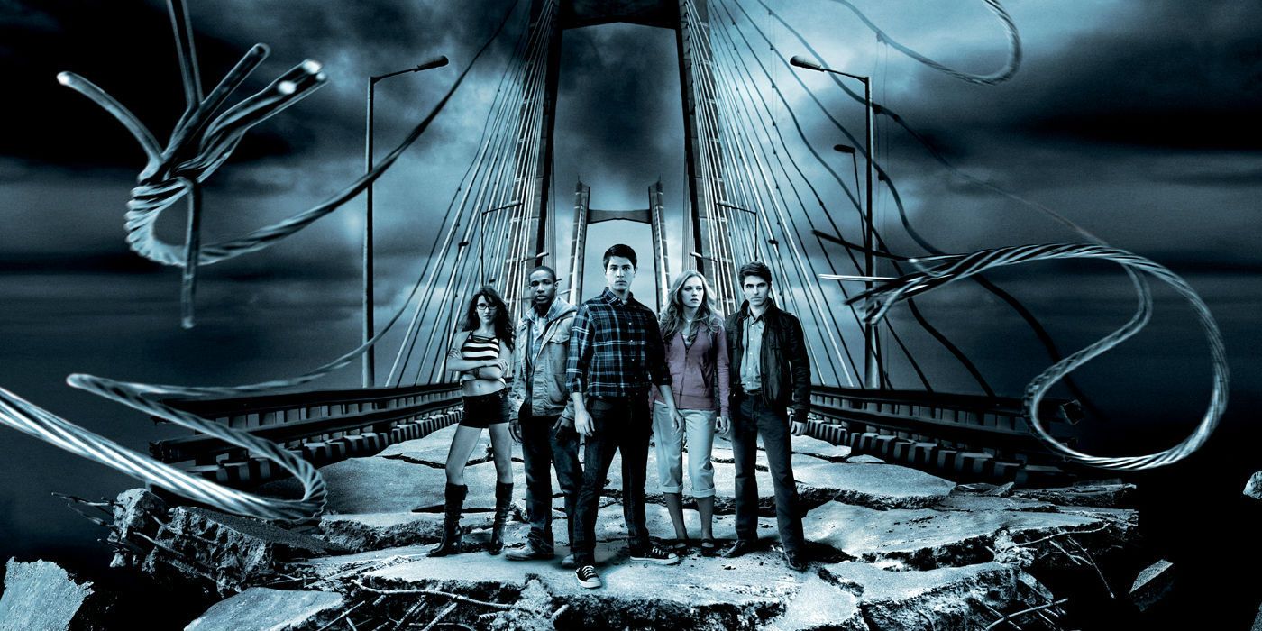 The cast of Final Destination 5 on a crumbling bridge