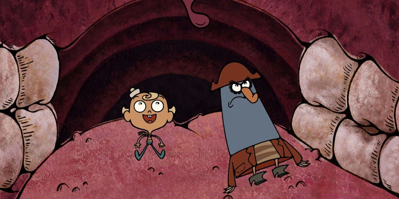 Flapjack and Captain K'nuckles in Bubbie's mouth in The Marvelous Misadventures Of Flapjack