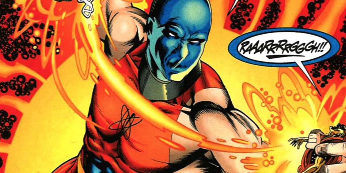 Atom Smasher holds someone in his hand in DC comics