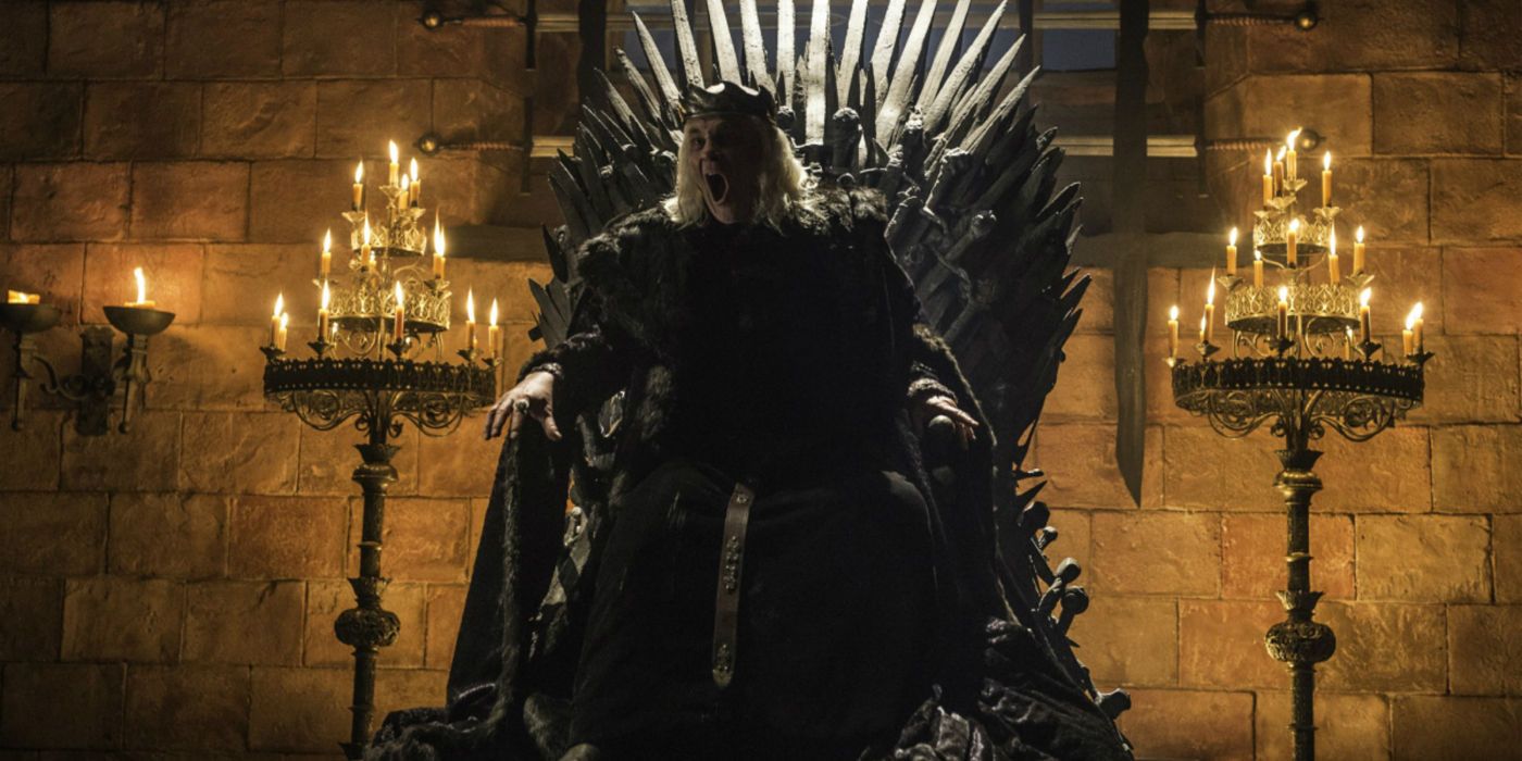 Aerys, the Mad King, sitting on the Iron Throne in Game of Thrones.