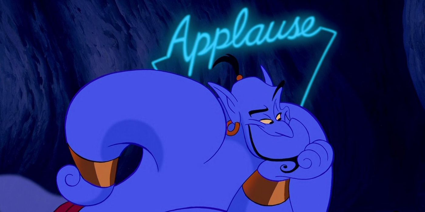 Genie with an Applause neon sign above him in Aladdin