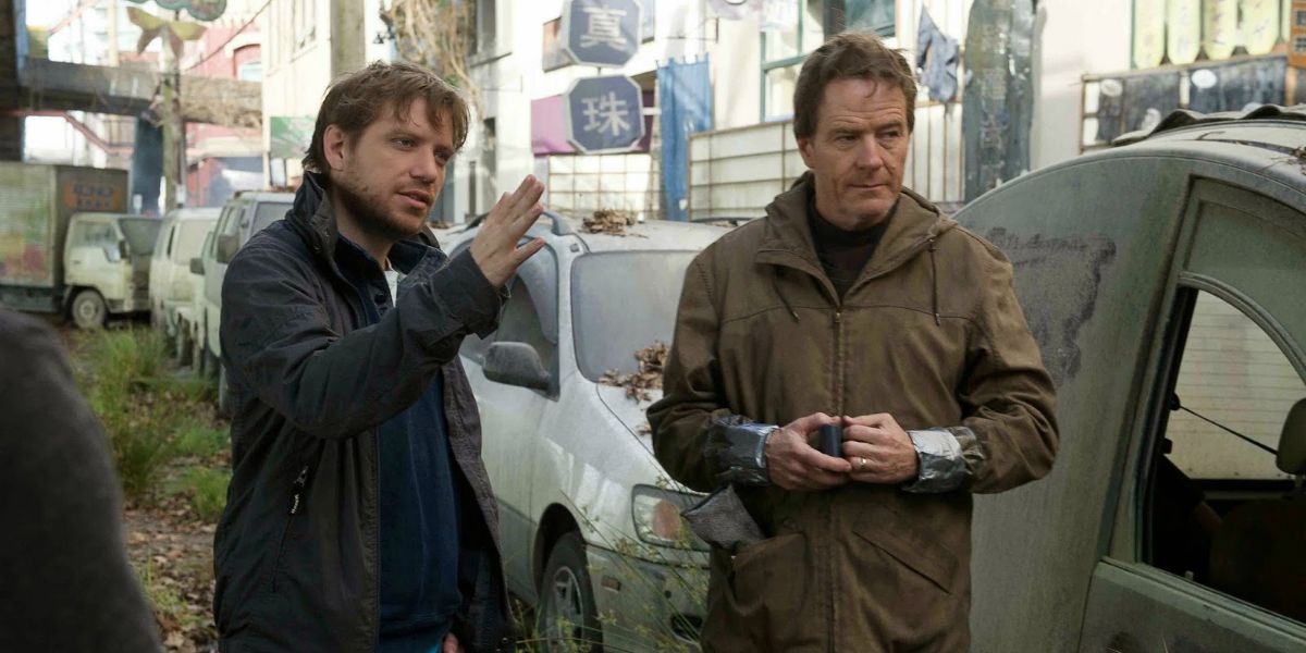 Gareth Edwards and Bryan Cranston filming Godzilla (2014)