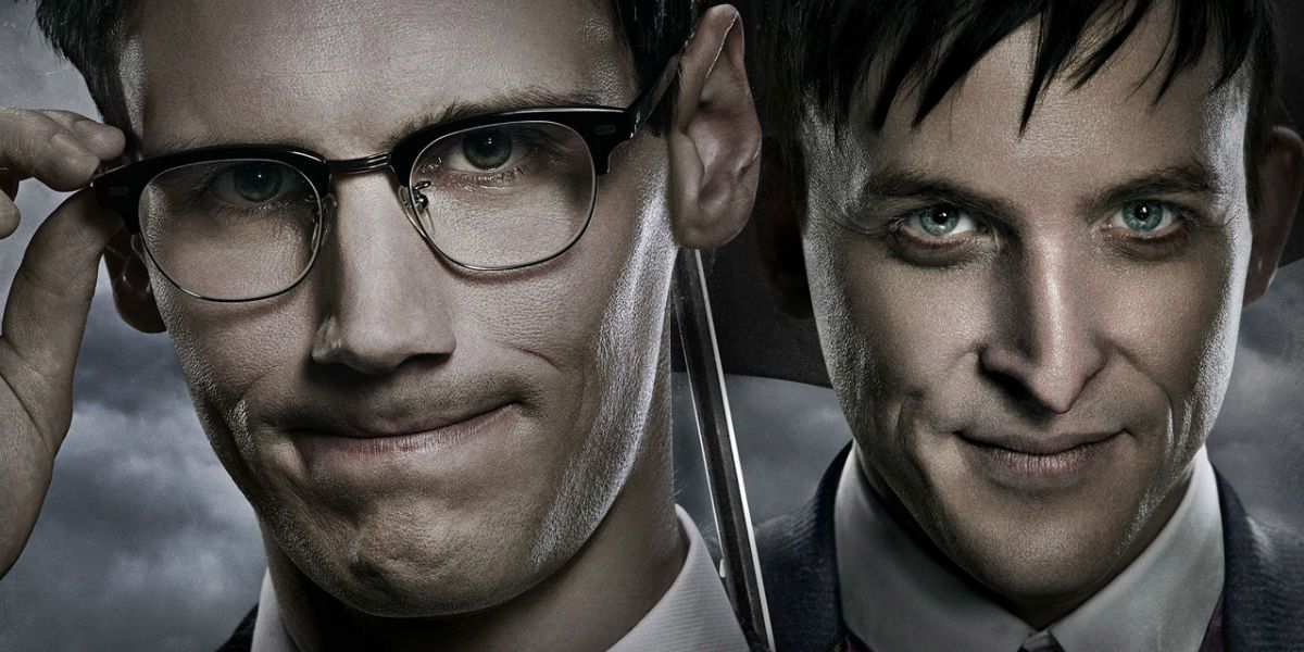 Split image showing Penguin and Riddler in Gotham