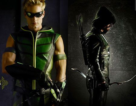 Justin Hartley and Stephen Amell as the Green Arrow
