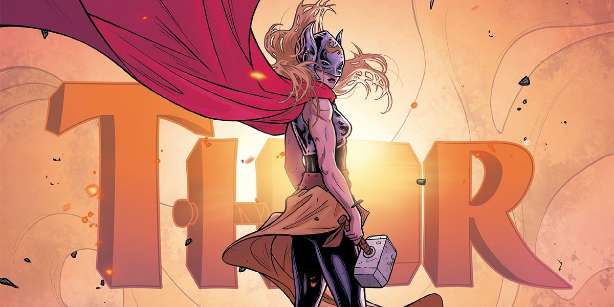 Jane Foster holding Mjolnir and looking backwards