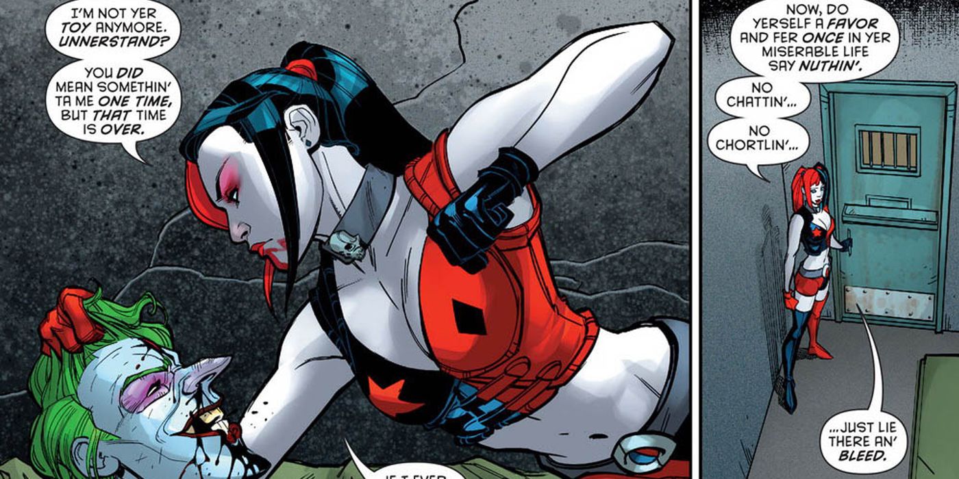 Harley Quinn beats up the Joker in DC Comics.