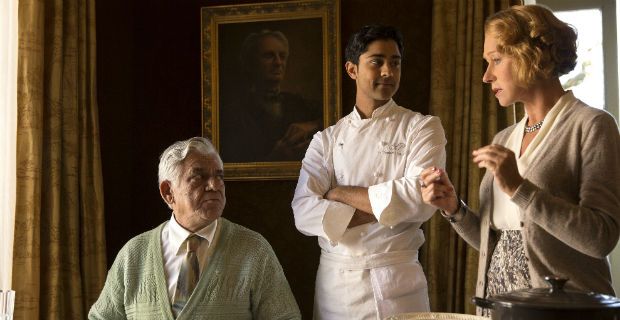 Om Puri, Manish Dayal and Helen Mirren in The Hundred-Foot Journey
