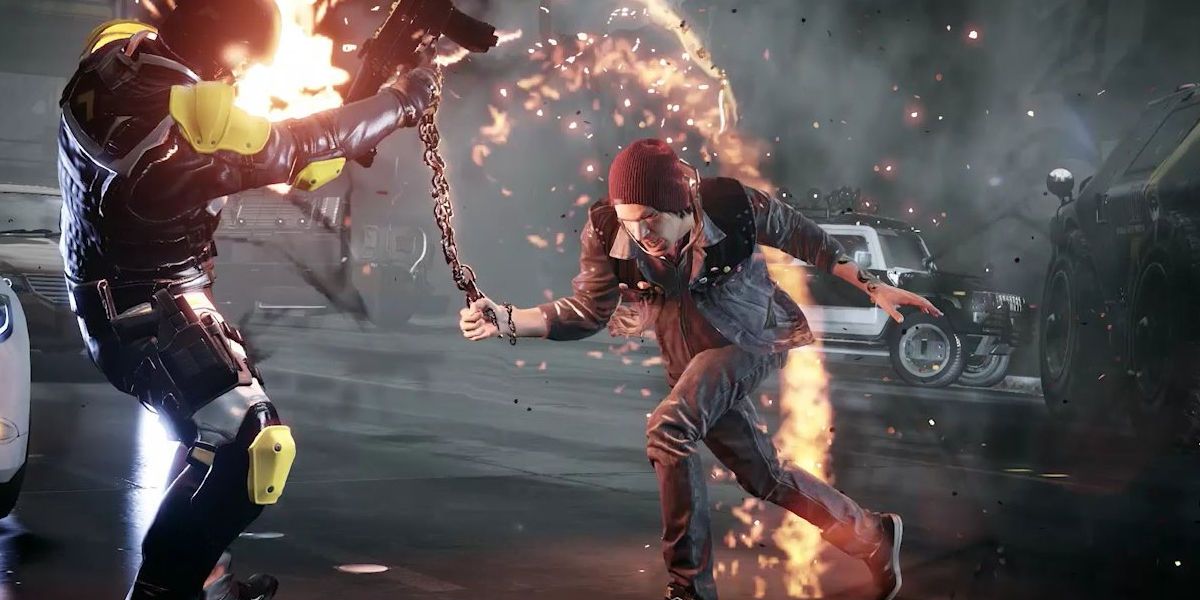 inFamous Second Son Delsin hit an enemy with a chain.