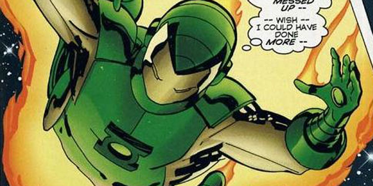 Iron Lantern flies into battle in Amalgam Comics.