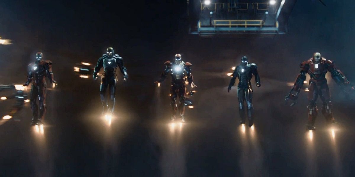 All of Tony's suits show up for the House Party Protocol in Iron Man 3