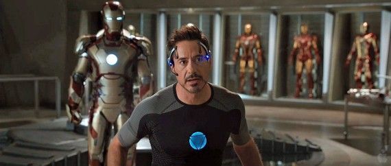 Robert Downey Jr. as Tony Stark in his lab in Iron Man 3