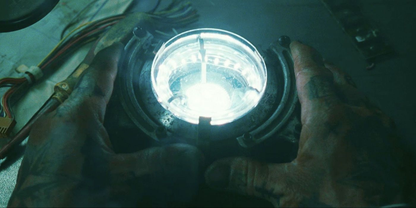 A close up shot of the arc reactor in Iron Man