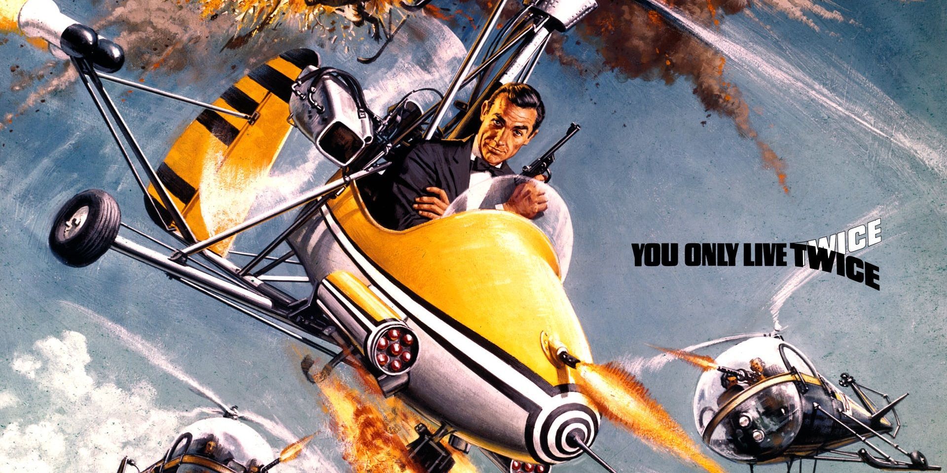Snapshot of the poster for You Only Live Twice. Sean Connery's James Bond sits in the cockpit of Little Nellie firing its weapons while other helicopters are in pursuit.