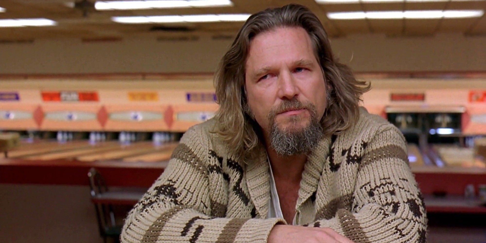 The Dude looking stern at the bowling alley bar in The Big Lebowski