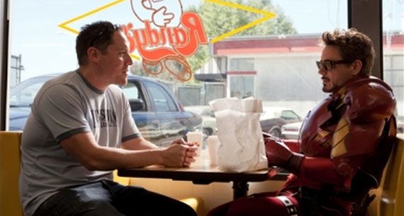 Jon Favreau and Robert Downey Jr filming Iron Man 2