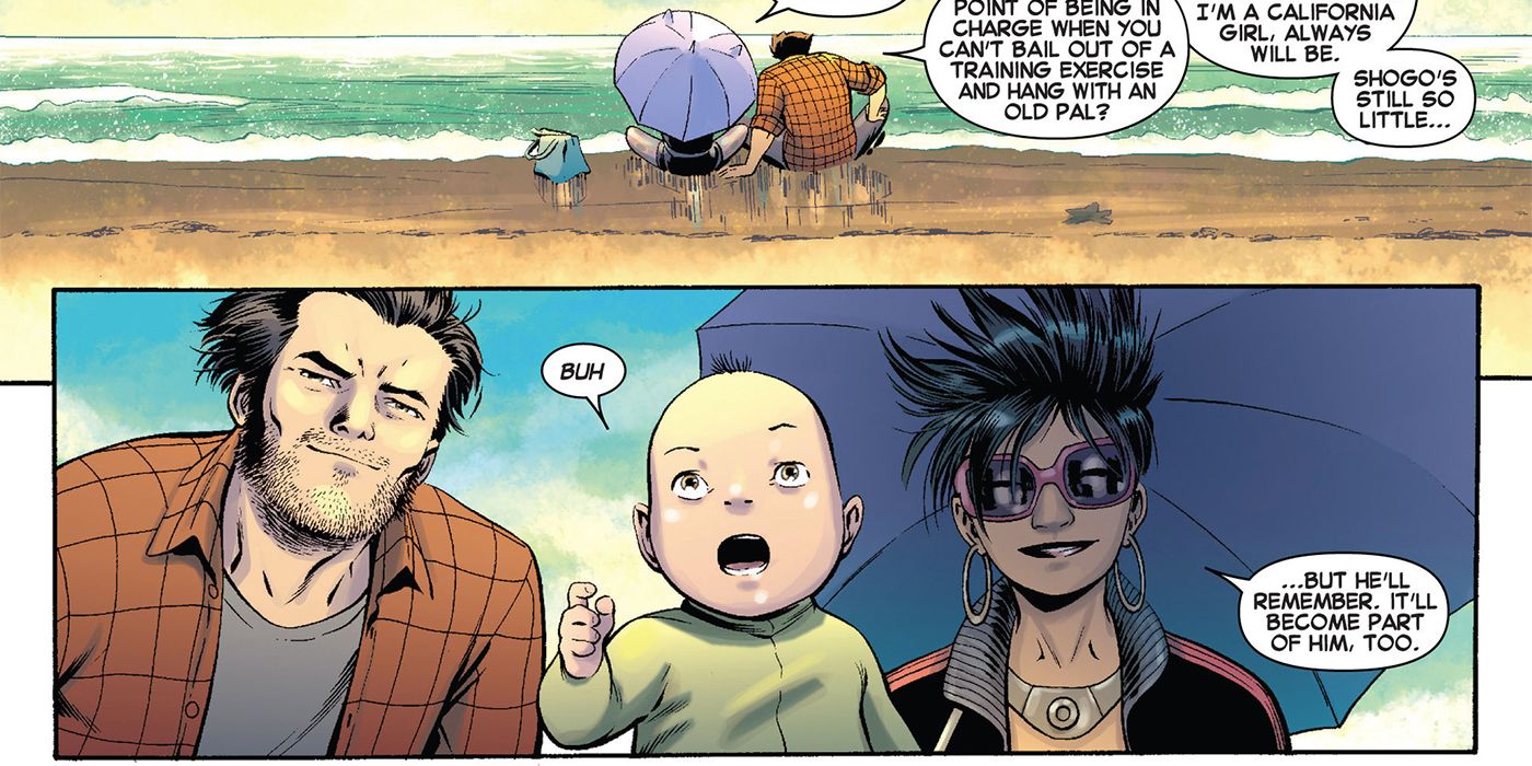 Jubilee, Wolverine, and Shogo on the beach in Marvel comics
