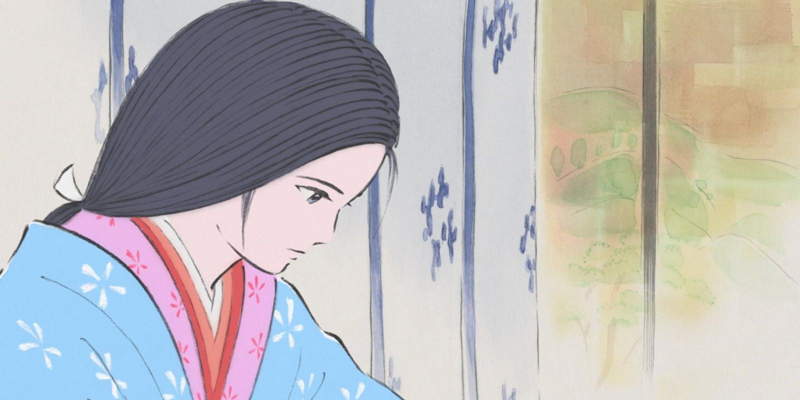 Princess Kaguya looks down with a sad expression in The Tale of the Princess Kaguya