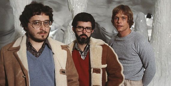 Lawrence Kasdan, George Lucas, and Mark Hamill on the Empire Strikes Back set