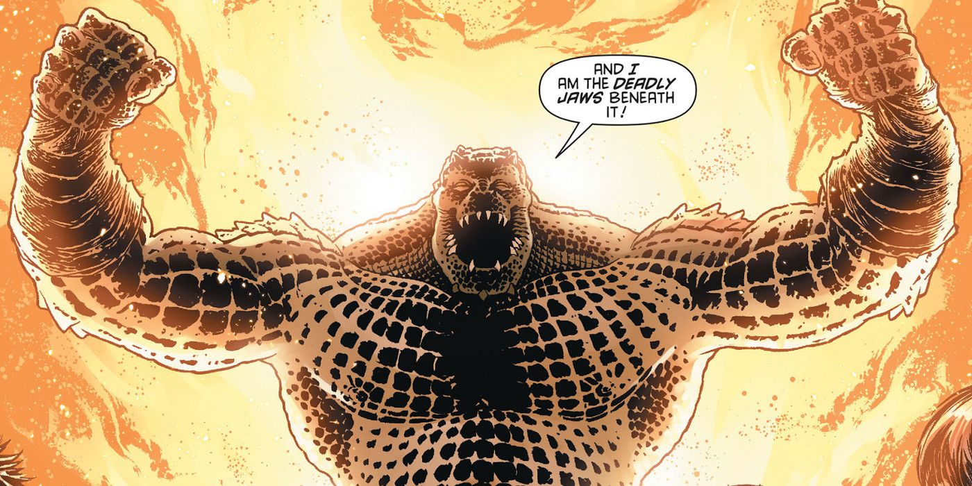 Killer Croc in front of a flaming background in the Batman comics