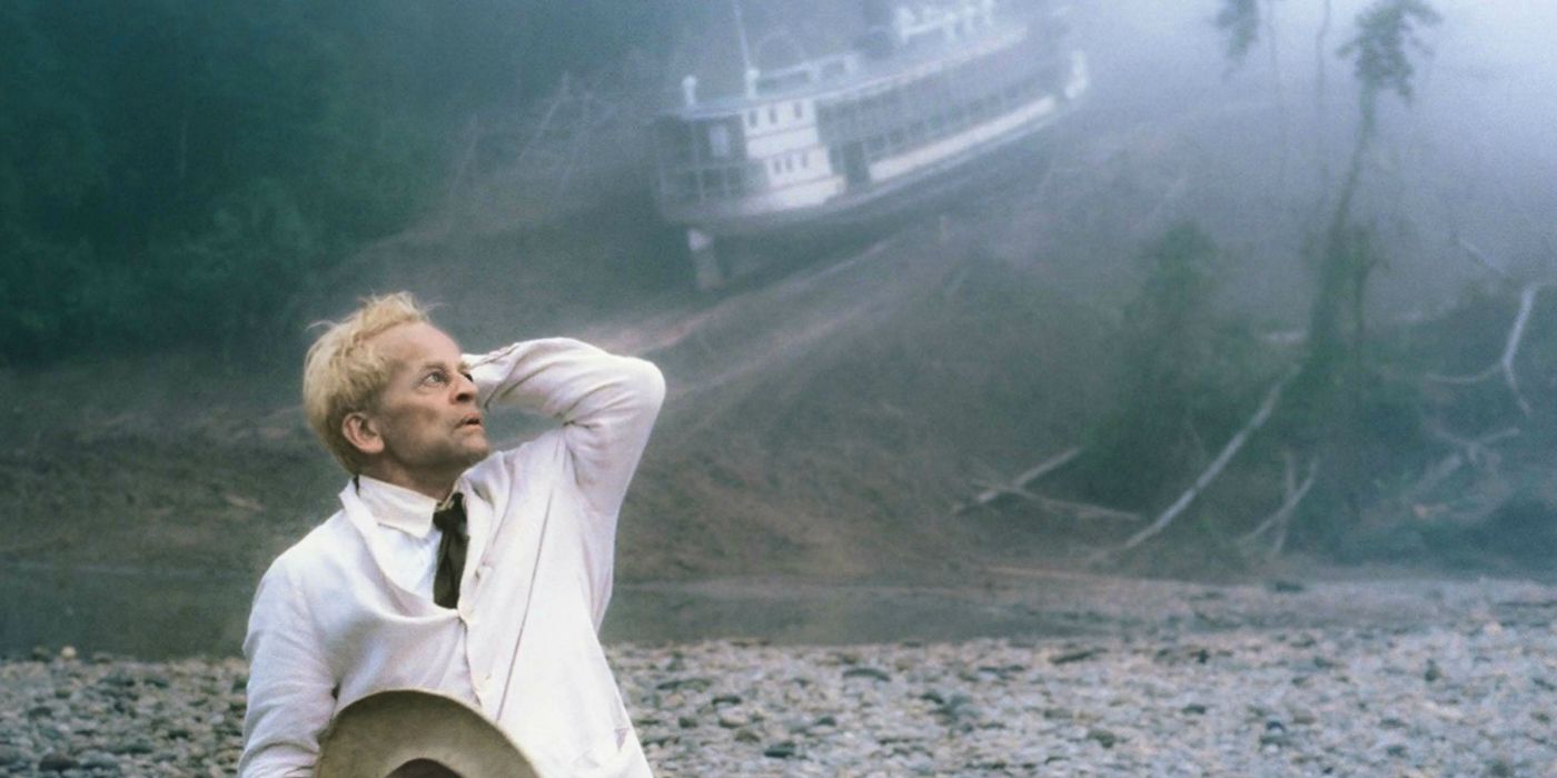 Klaus Kinski pulls a ship over a mountain in Fitzcarraldo.