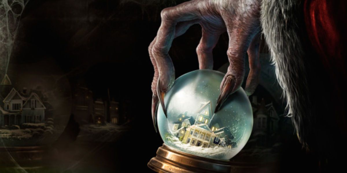 A clawed hand clutches a snow globe from Krampus 