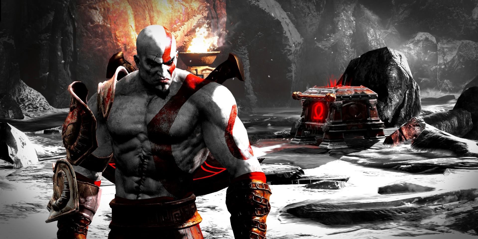 Kratos in God of War 3 is standing in front of a treasure chest