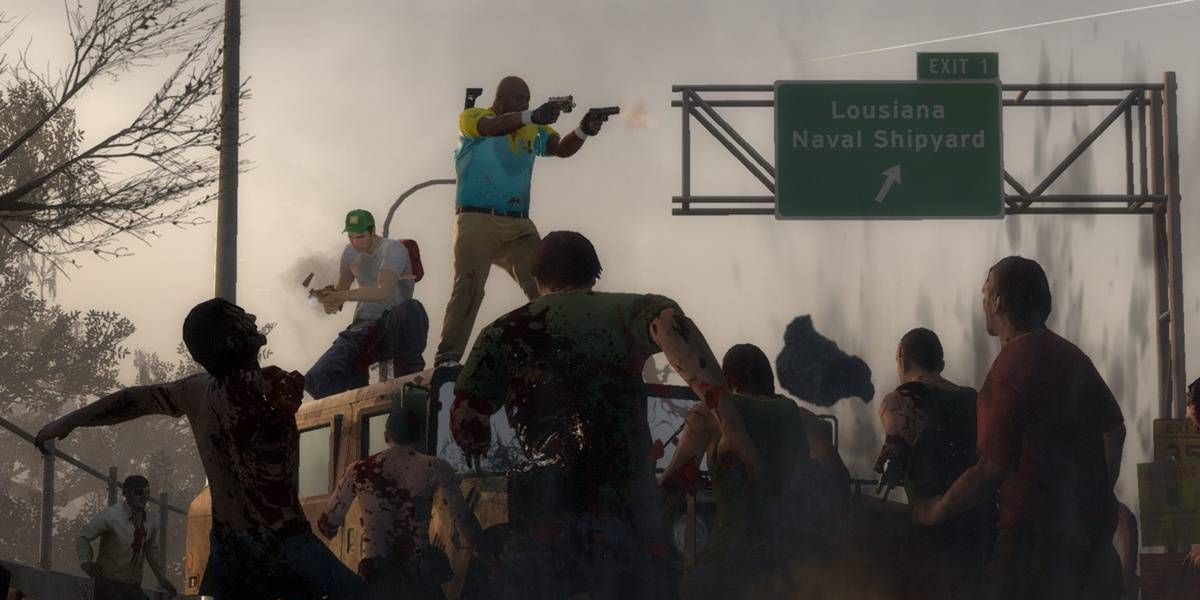 A horde of zombies attack players on a car from Left 4 Dead