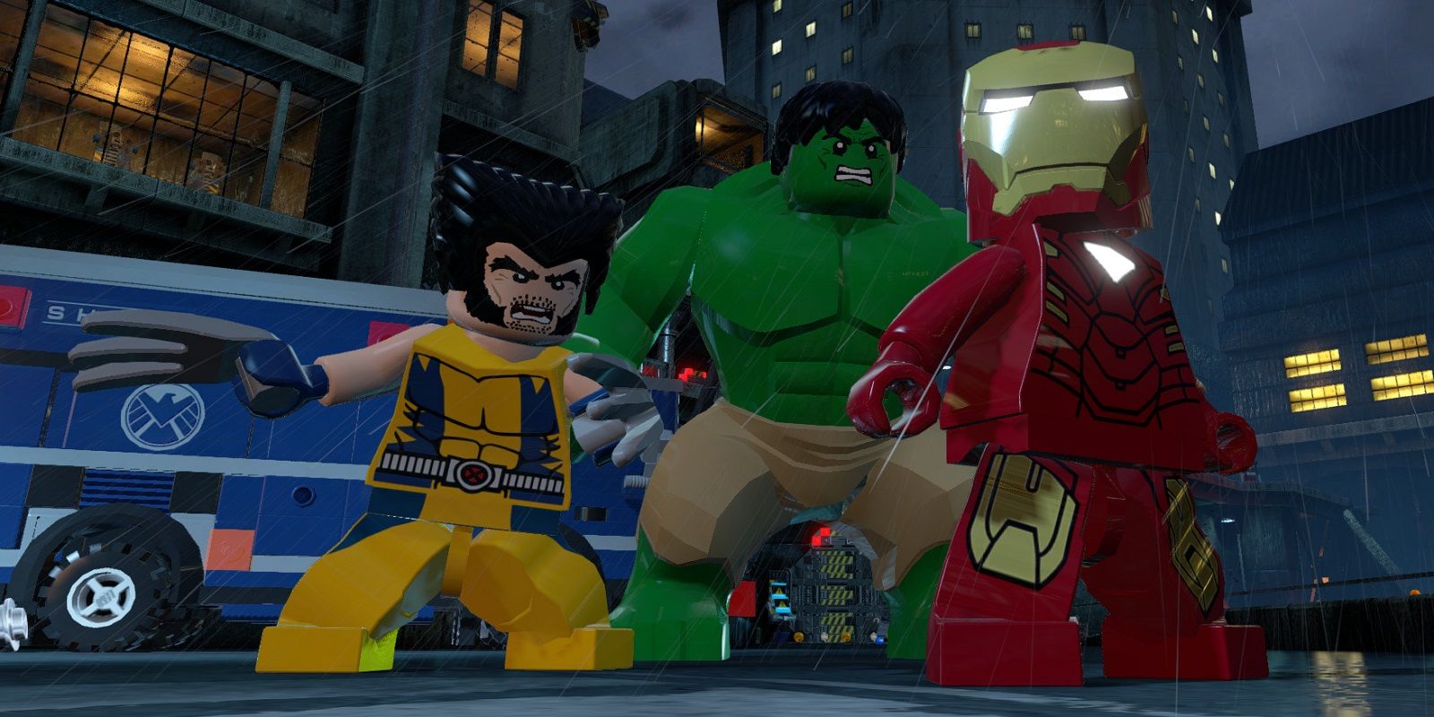 Lego versions of Hulk, Wolverine, and Iron-Man stand in the street ready for action